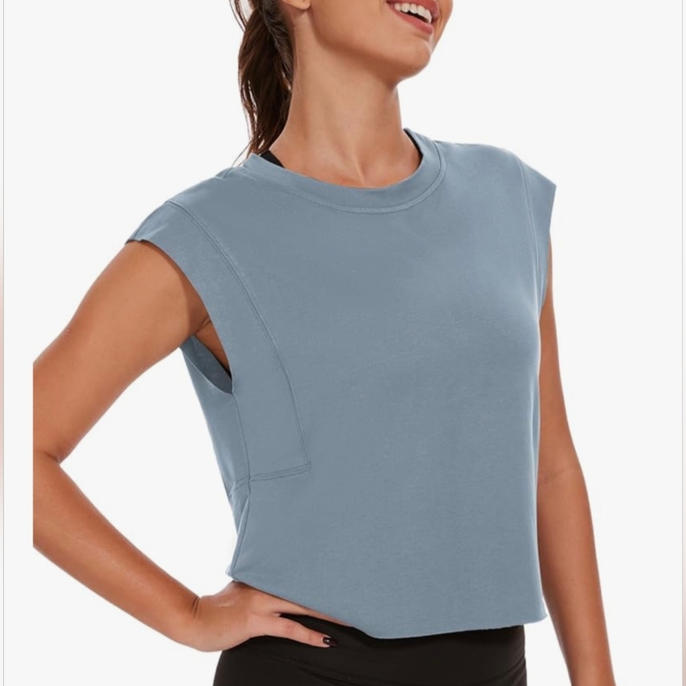 Elgogy Dusty Blue Sleeveless Oversized Workout Yoga Gym Active Tee Large